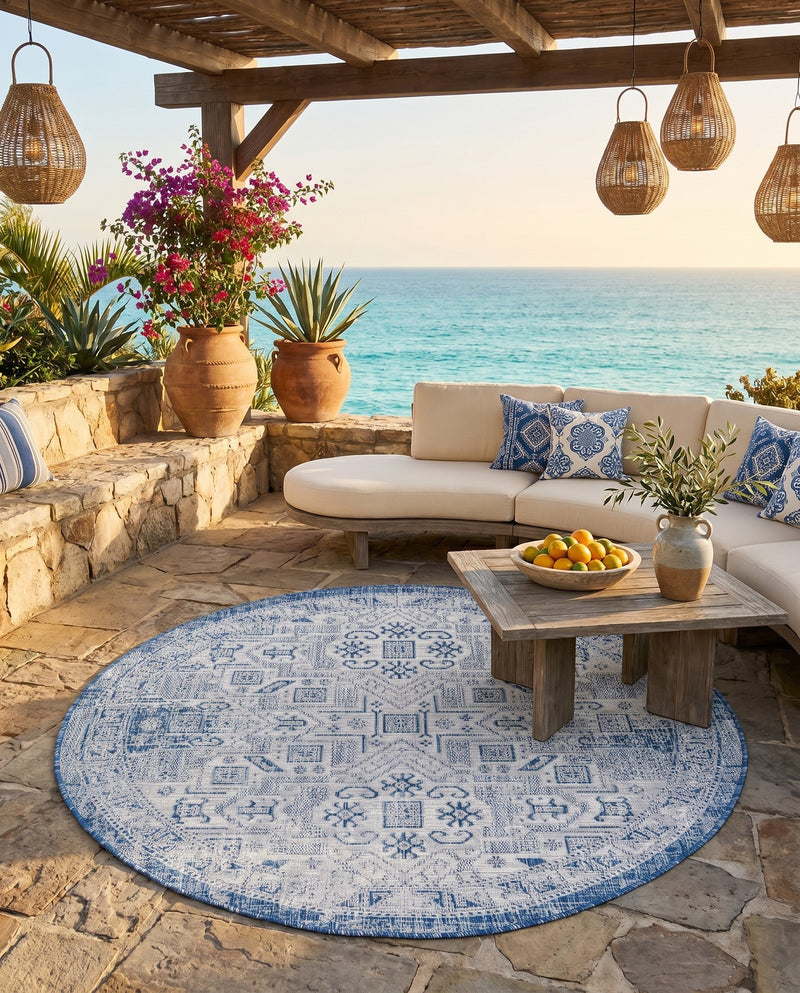 Tribal Terrace Treasures Collection Area Rug - Mayan Marina (Blue) Round Blue  lifestyle 82