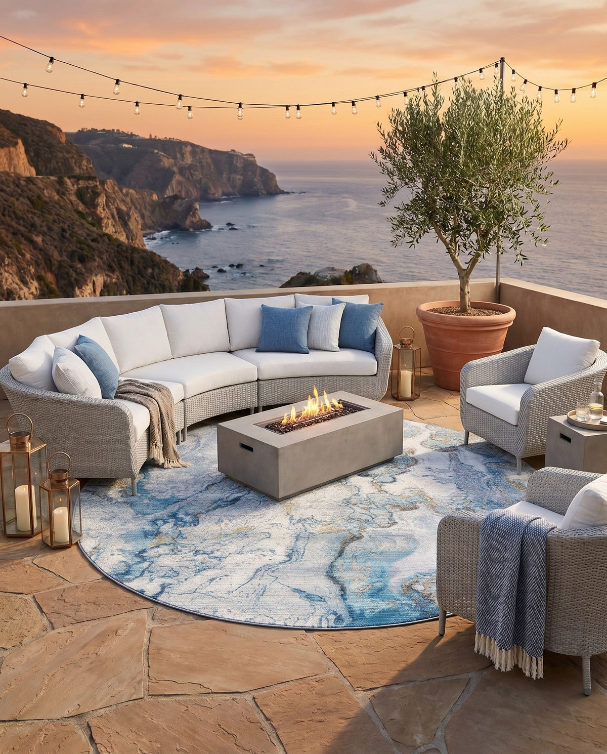 Urban Terrace Collection Area Rug -  Vertex Round Blue and Ivory  lifestyle 94