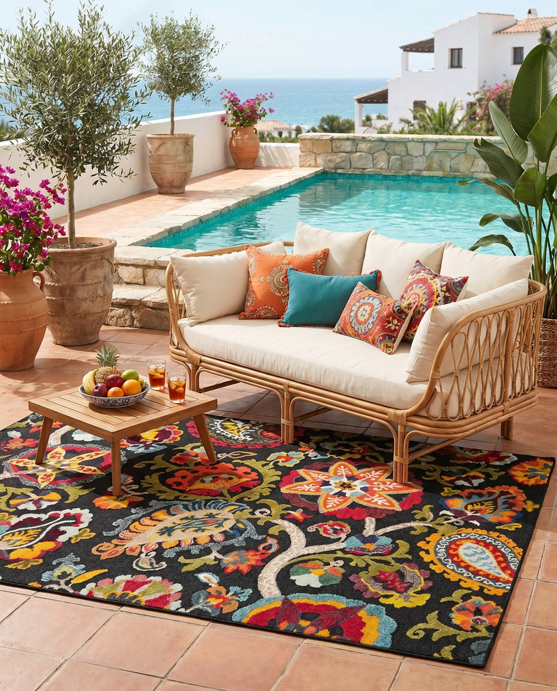 Outdoor Marrakesh Collection Area Rug - Fes Rectangle Multi Black  lifestyle 17
