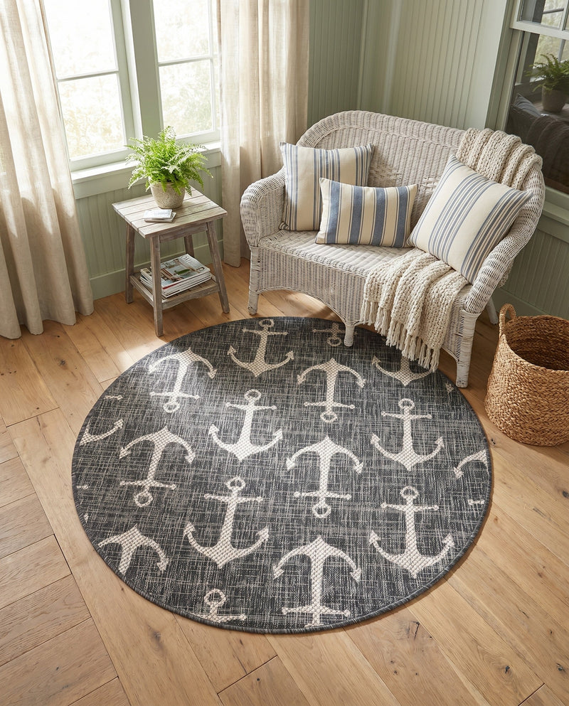 Seaside Haven Rugs Collection Area Rug - Sapphire (Charcoal) Round Charcoal  lifestyle 45