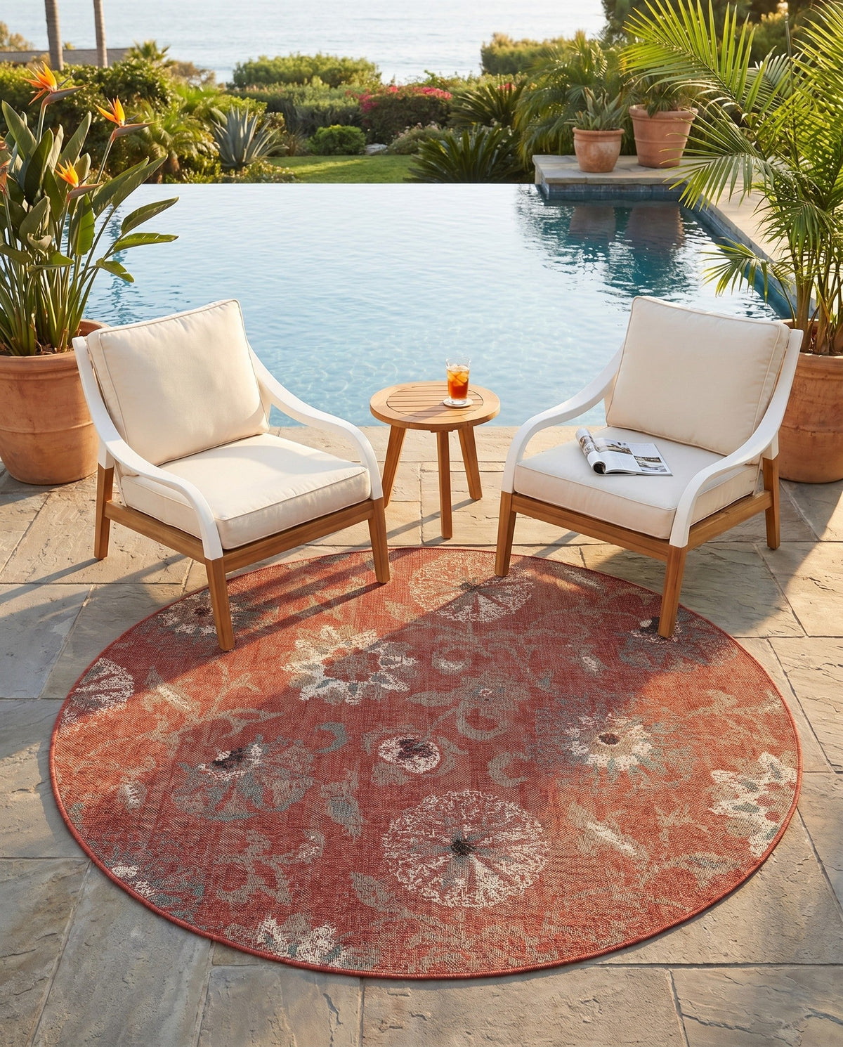 Seaside Blooms Collection Area Rug - Seychelles Round Terracotta  lifestyle 134