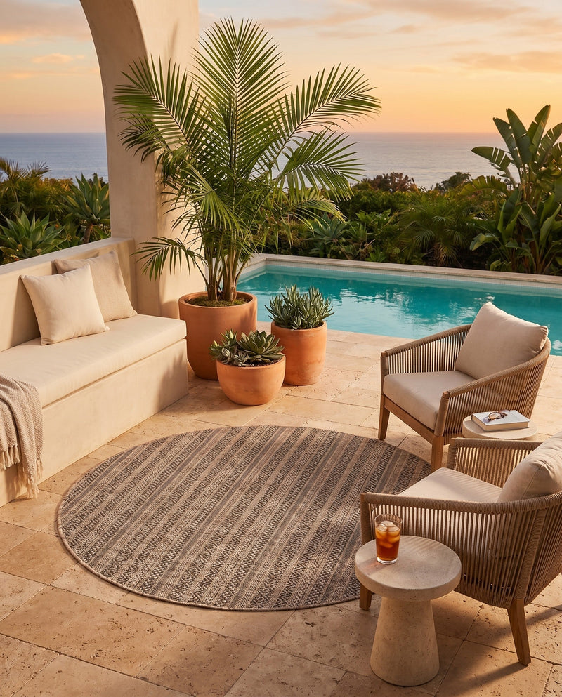 Seaside Stripes Collection Area Rug -  Boardwalk (Natural) Round Natural  lifestyle 73