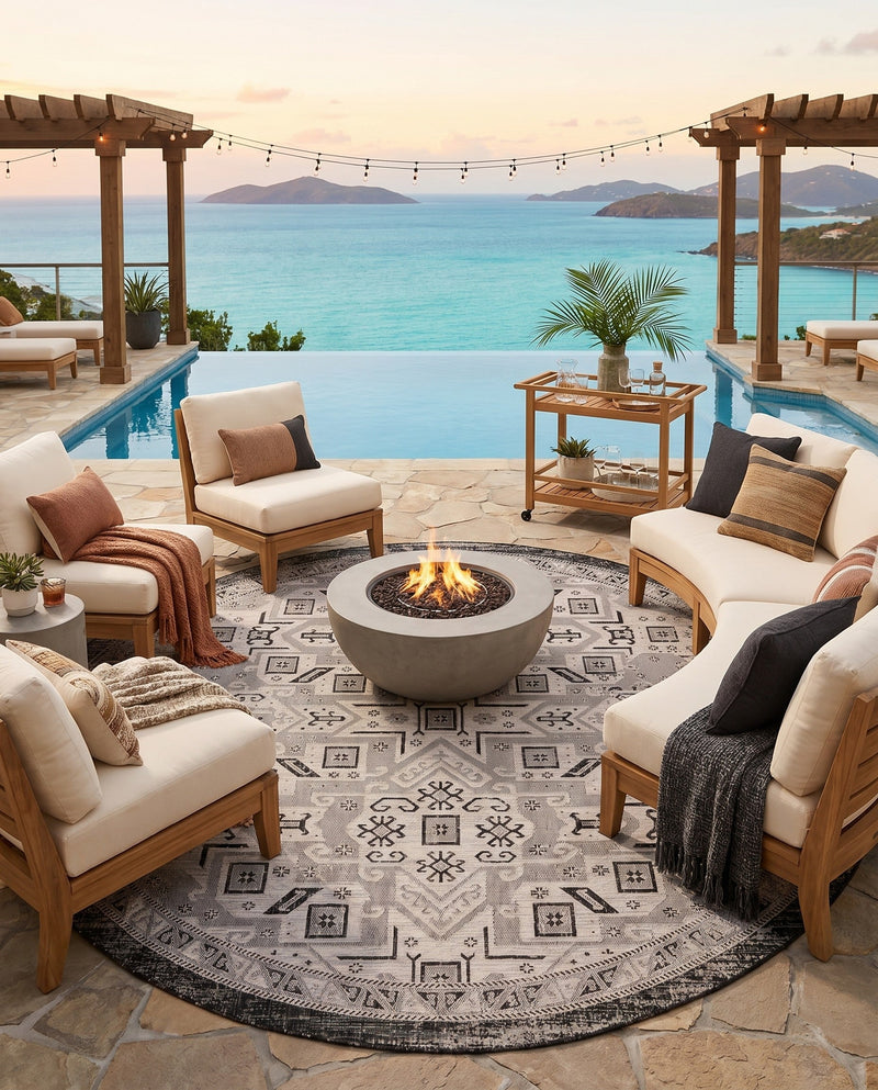 Tribal Terrace Treasures Collection Area Rug - Mayan Marina (Charcoal Gray) Round Charcoal Gray  lifestyle 52