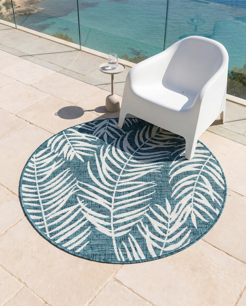 Seaside Blooms Collection Area Rug - Verdure (Teal) Round Teal  lifestyle 69