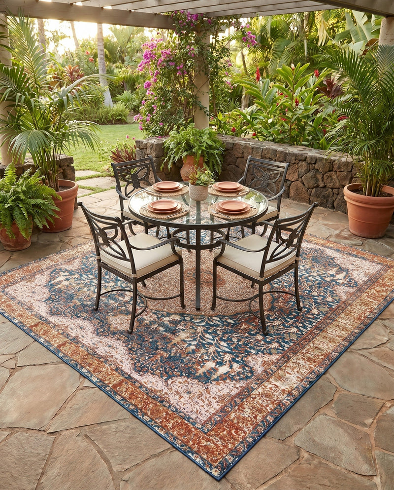Patio Heritage Collection Area Rug -  Courtyard Square Navy Blue and Light Pink  lifestyle 67