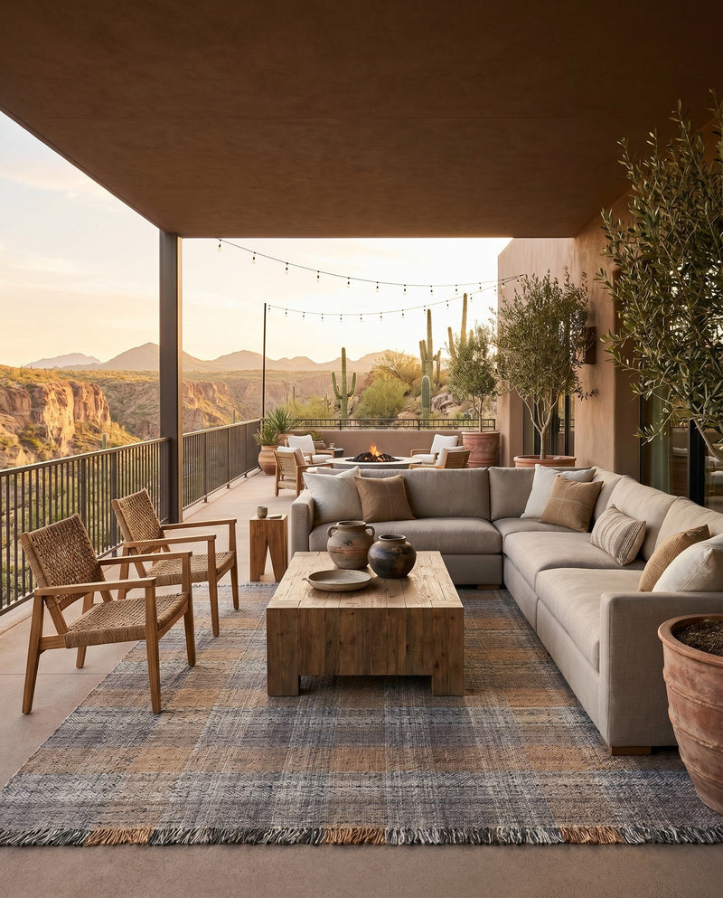 Sustainable Grid Indoor-Outdoor Oasis Collection Area Rug - Savannah Rectangle Desert Gray  lifestyle 71