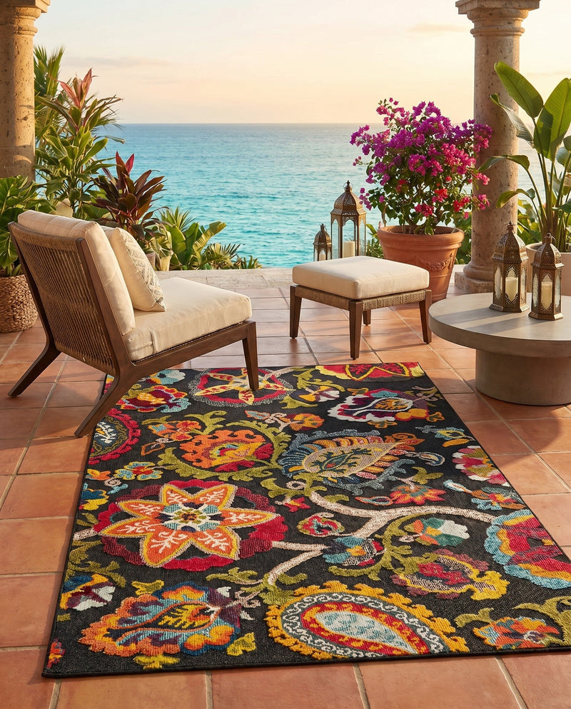 Outdoor Marrakesh Collection Area Rug - Fes Rectangle Multi Black  lifestyle 43