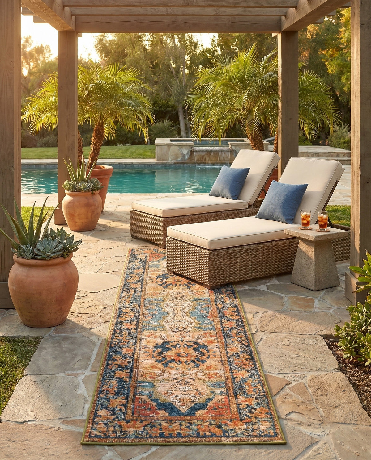 Patio Heritage Collection Area Rug -  Grove Runner Navy Blue and Rust Red  lifestyle 82