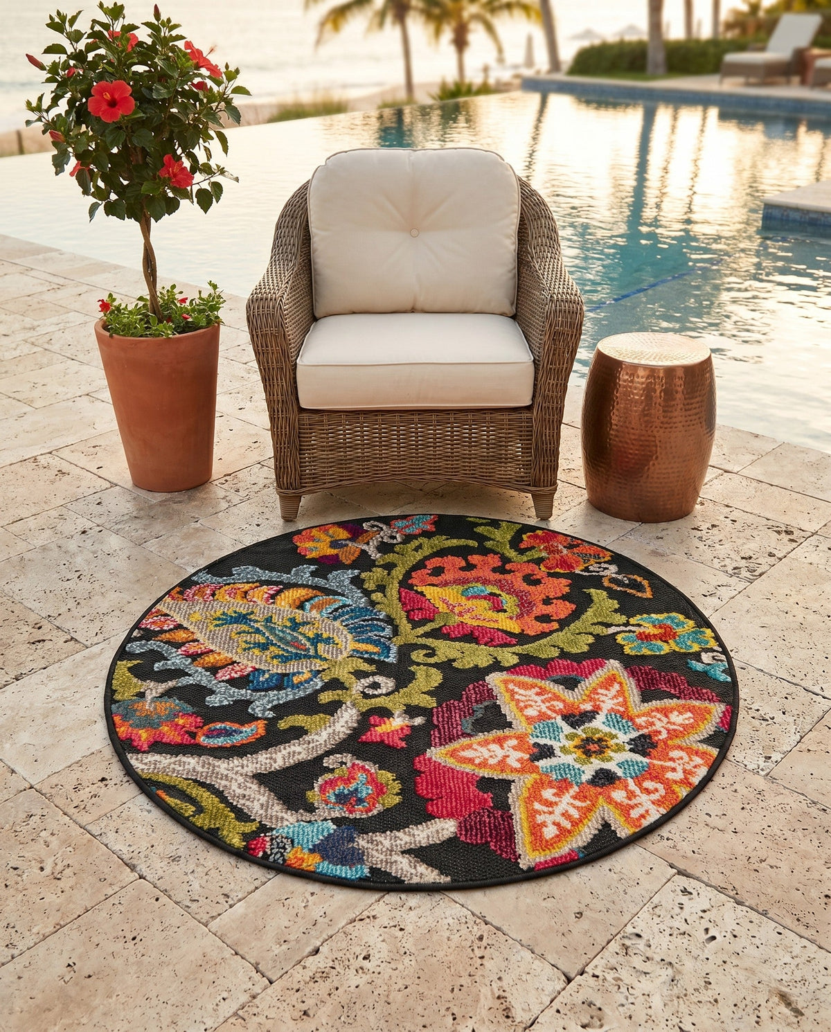 Outdoor Marrakesh Collection Area Rug - Fes Round Multi Black  lifestyle 180