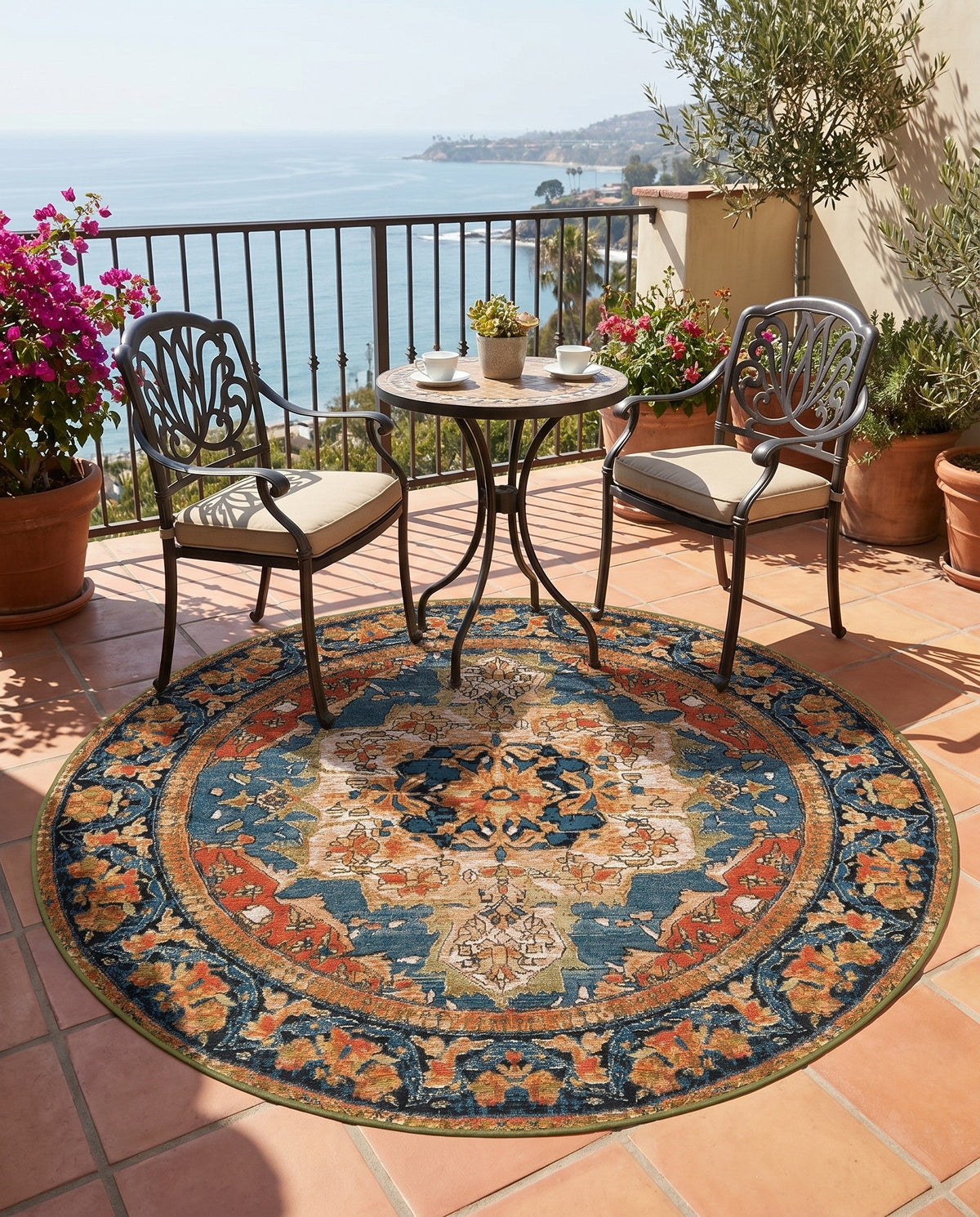 Patio Heritage Collection Area Rug -  Grove Round Navy Blue and Rust Red  lifestyle 76