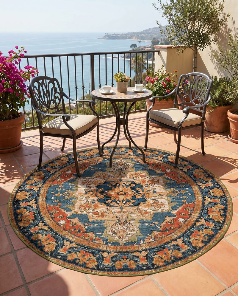 Patio Heritage Collection Area Rug -  Grove Round Navy Blue and Rust Red  lifestyle 76