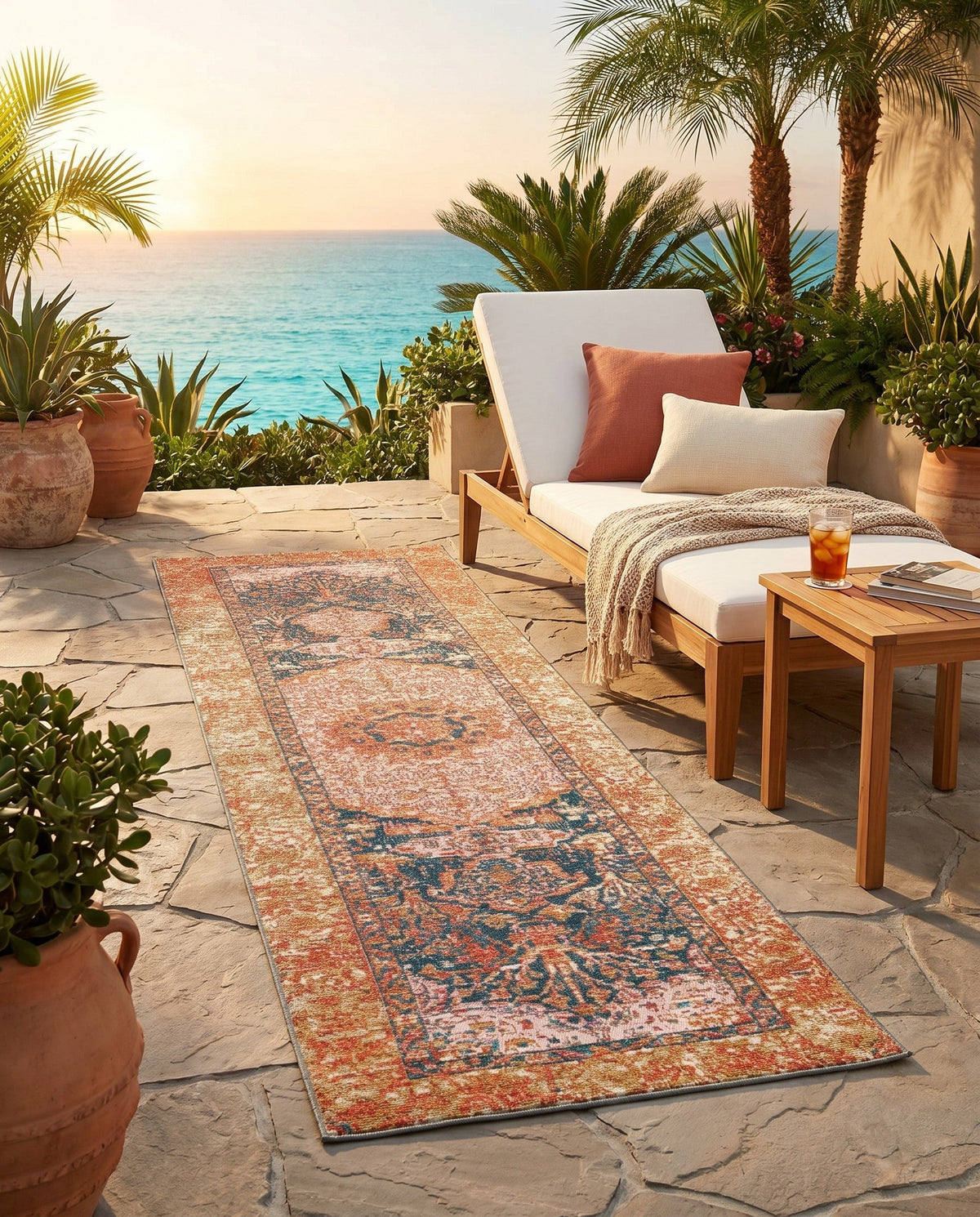 Patio Heritage Collection Area Rug -  Courtyard Runner Navy Blue and Light Pink  lifestyle 93