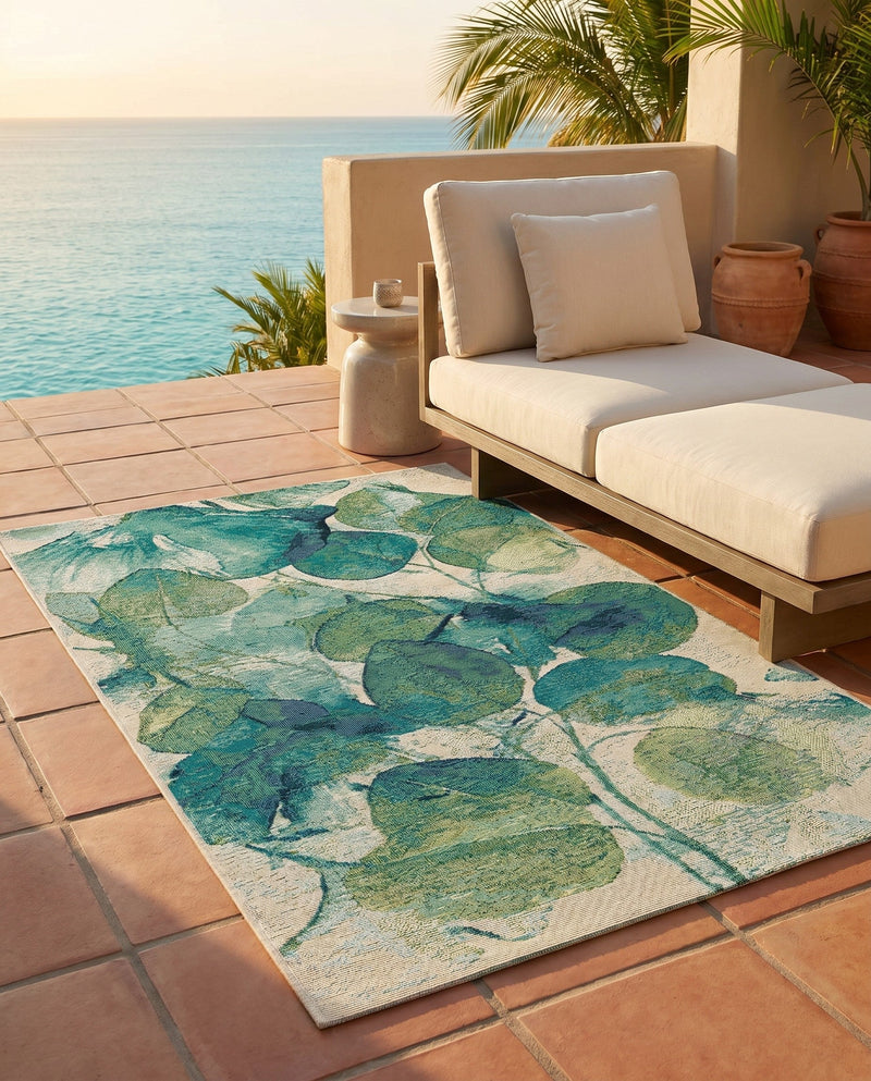 Seaside Blooms Collection Area Rug -  Flora Rectangle Blue Green  lifestyle 53