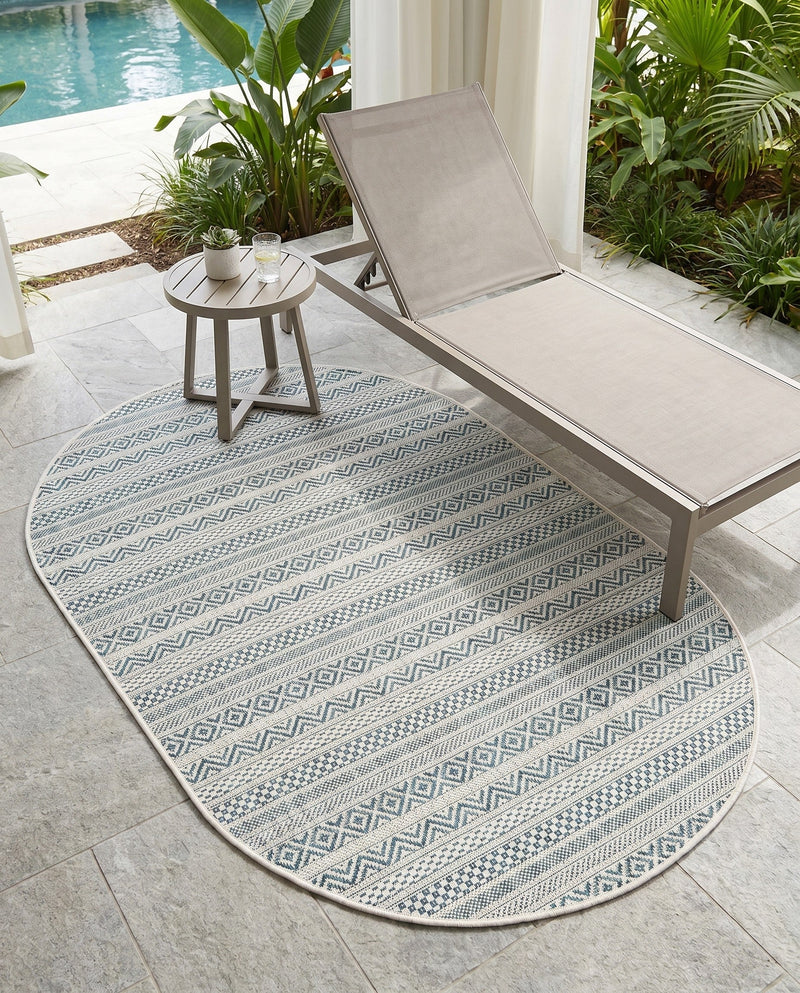 Seaside Stripes Collection Area Rug -  Boardwalk (Teal) Oval Teal  lifestyle 80