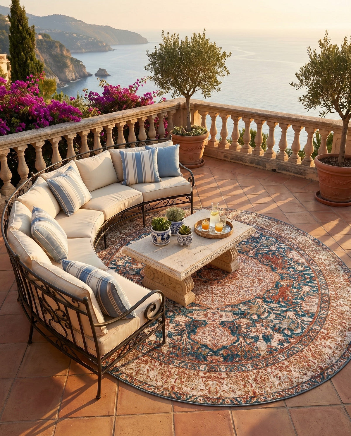 Patio Heritage Collection Area Rug -  Courtyard Round Navy Blue and Light Pink  lifestyle 97