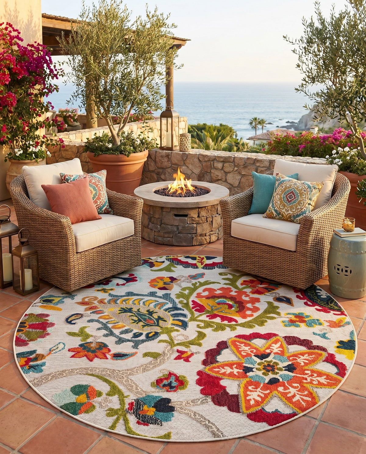 Outdoor Marrakesh Collection Area Rug - Fes Round Multi Beige  lifestyle 133