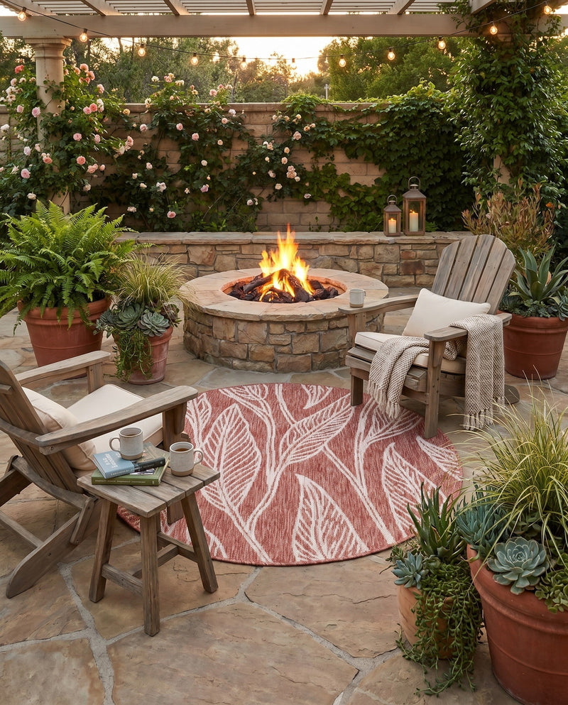 Seaside Blooms Collection Area Rug -  Evergreen (Rust Red) Round Rust Red  lifestyle 45