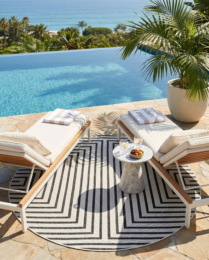 Urban Terrace Collection Area Rug -  Astoria (White and Black) Round White and Black  lifestyle 49