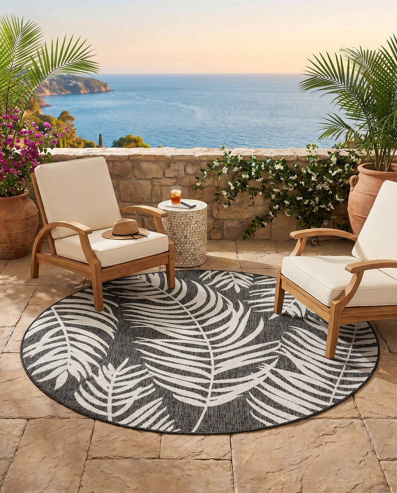 Seaside Blooms Collection Area Rug - Verdure (Charcoal) Round Charcoal  lifestyle 75