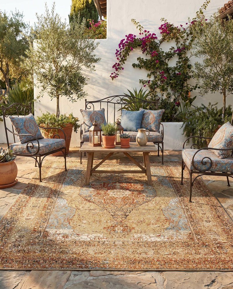 Patio Heritage Collection Area Rug -  Pergola Rectangle Blue and Light Brown  lifestyle 22