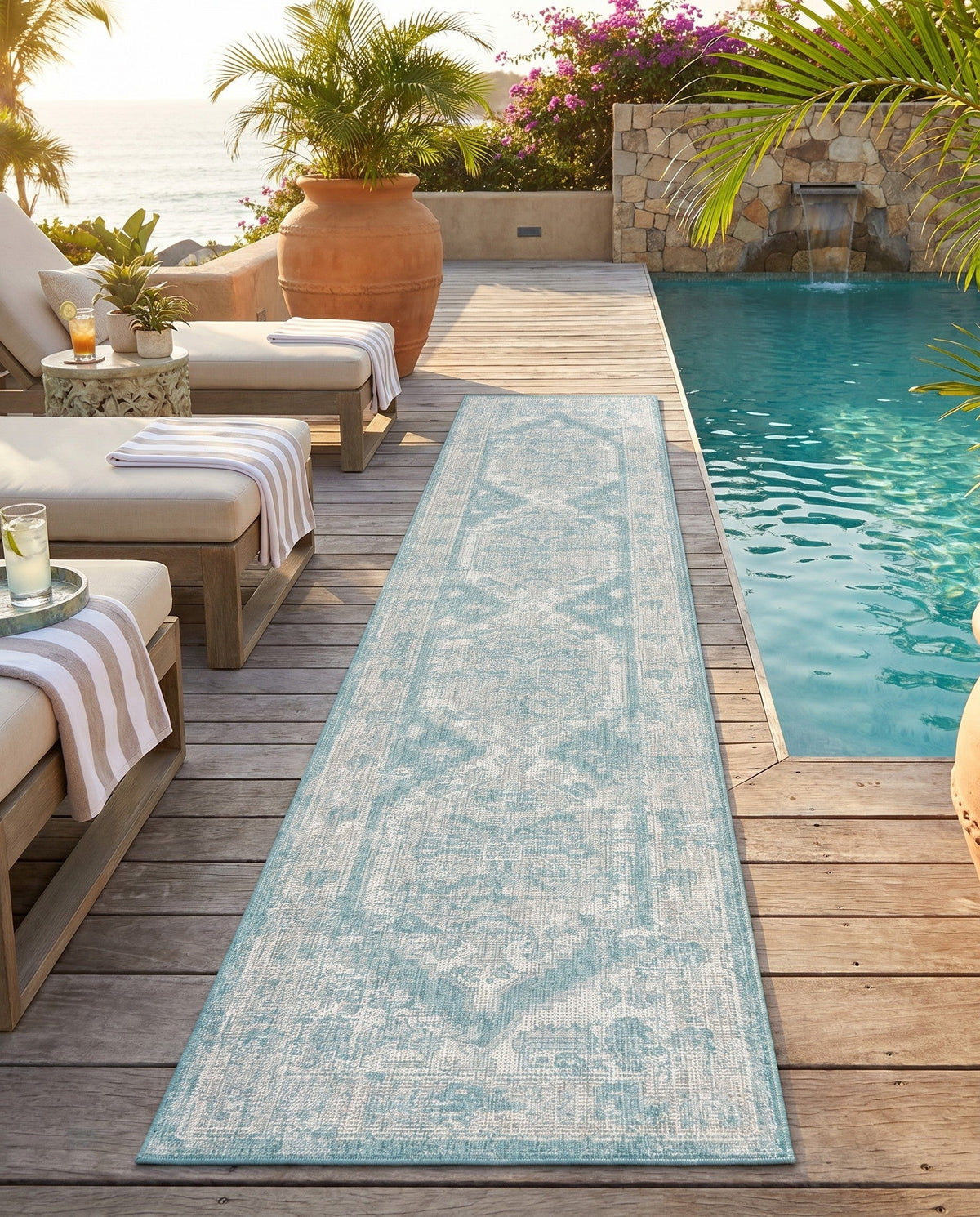 Patio Heritage Collection Area Rug -  Augusta (Aqua) Runner Aqua  lifestyle 79
