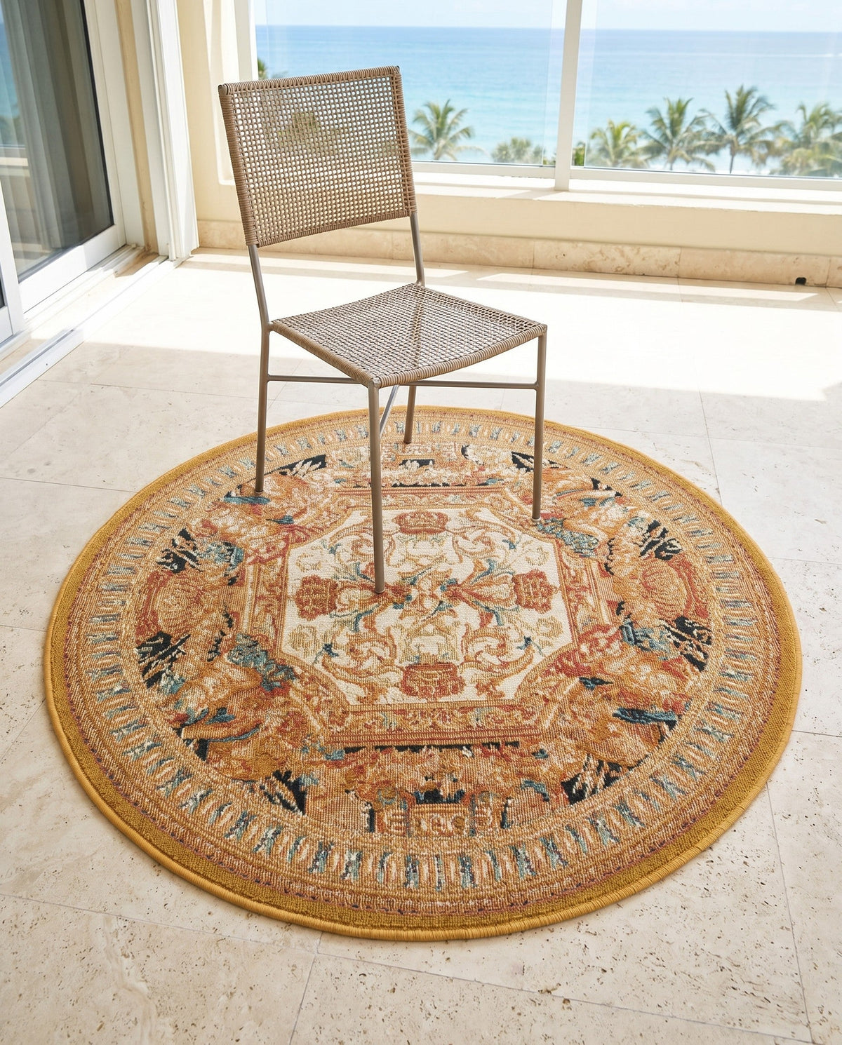 Patio Heritage Collection Area Rug - Veranda Round Black Gold Brown  lifestyle 76