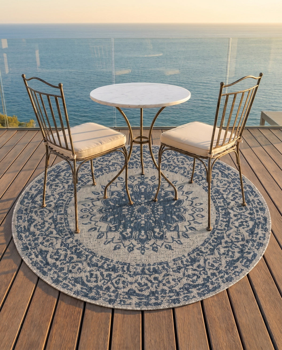 Patio Heritage Collection Area Rug -  Lafayette (Blue) Round Blue  lifestyle 85