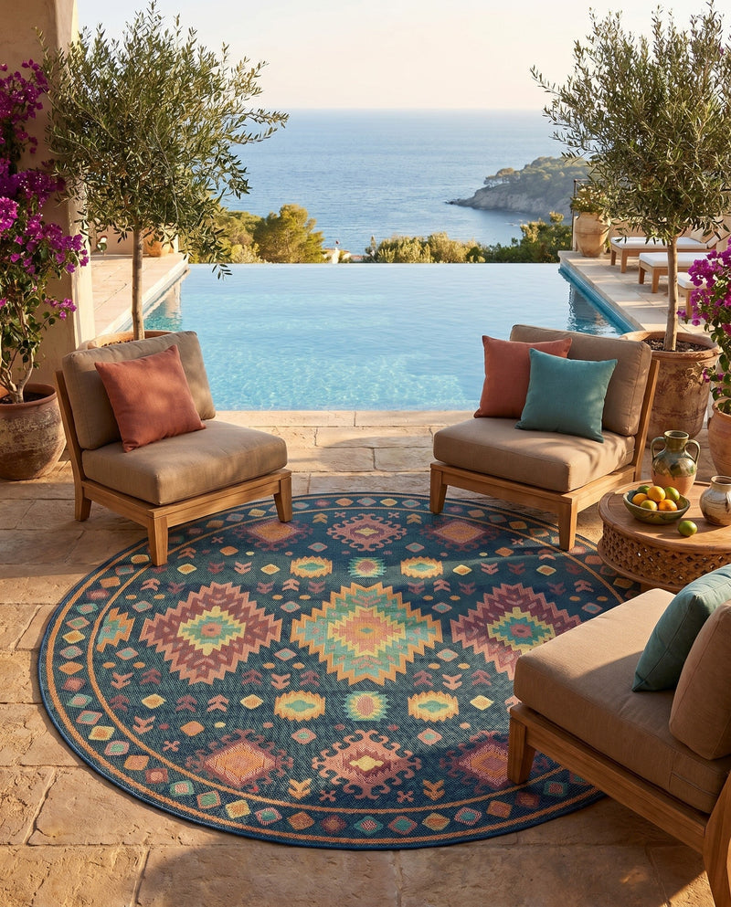 Coastal Terrace Collection Area Rug -  Dunes Round Navy Blue  lifestyle 62