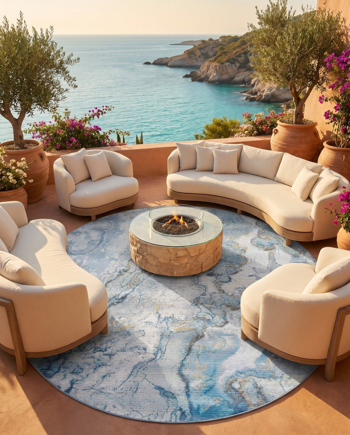 Urban Terrace Collection Area Rug -  Vertex Round Blue and Ivory  lifestyle 95