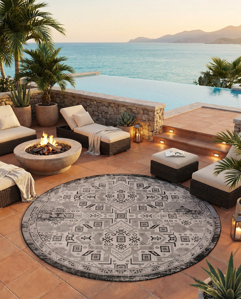 Tribal Terrace Treasures Collection Area Rug - Mayan Marina (Charcoal Gray) Round Charcoal Gray  lifestyle 53