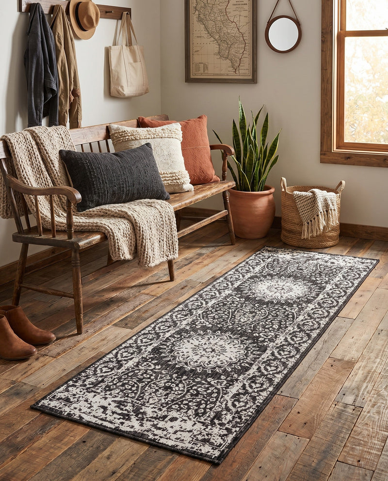 Patio Heritage Collection Area Rug -  Lafayette (Black and White) Runner Black and White  lifestyle 51
