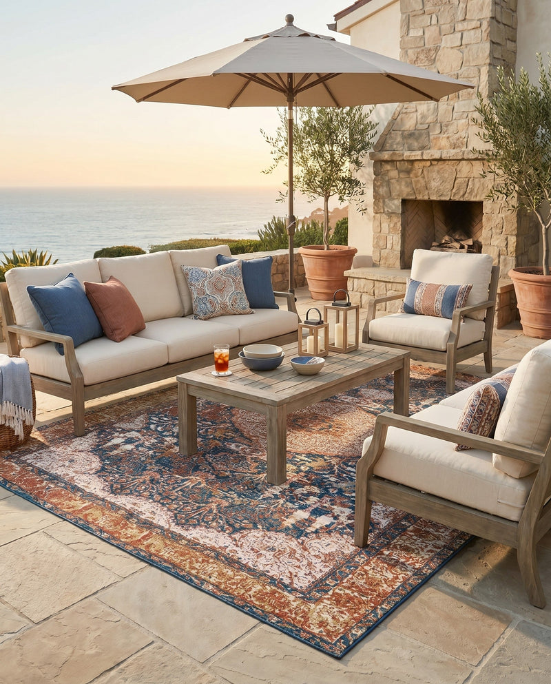 Patio Heritage Collection Area Rug -  Courtyard Rectangle Navy Blue and Light Pink  lifestyle 26