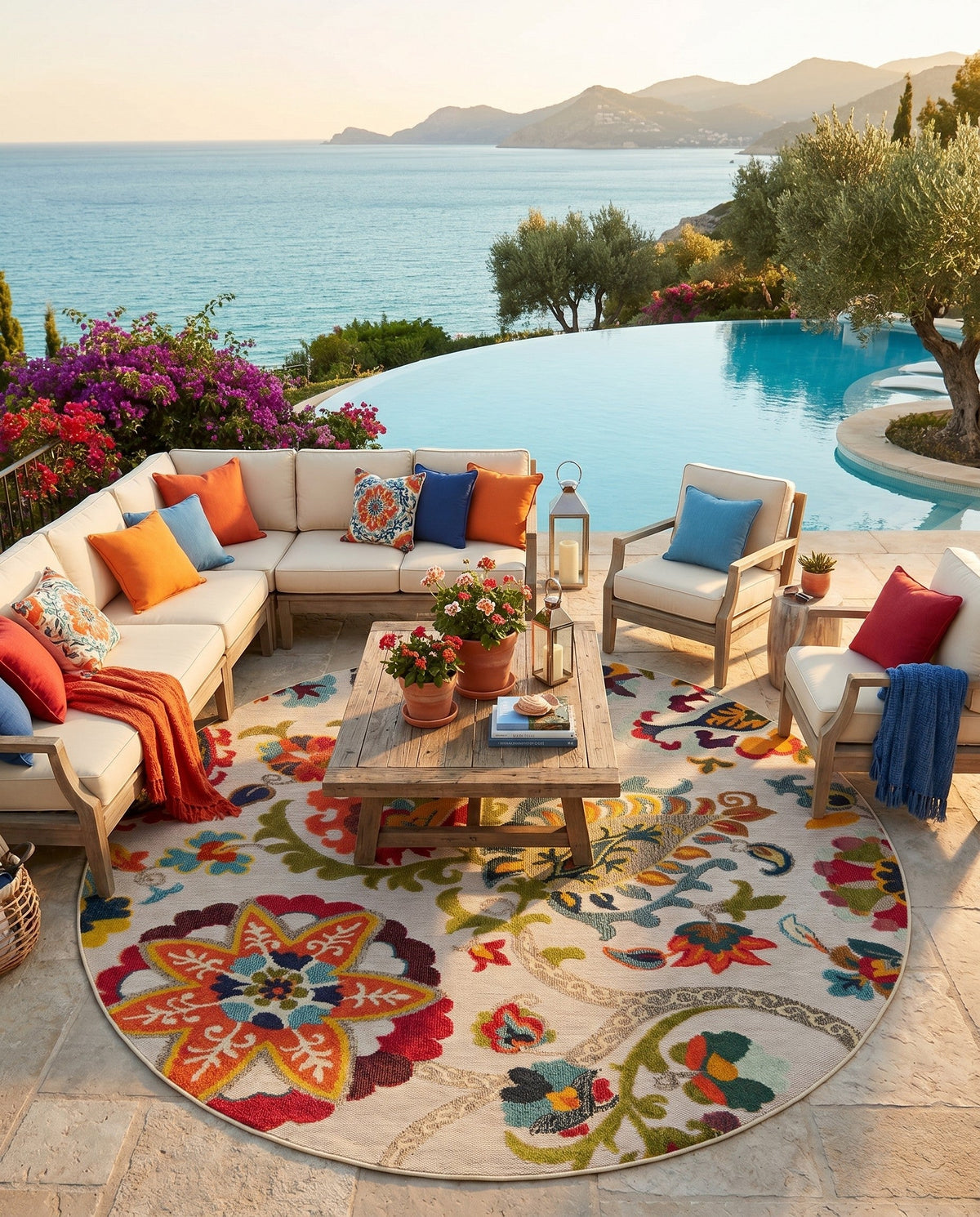 Outdoor Marrakesh Collection Area Rug - Fes Round Multi Beige  lifestyle 174
