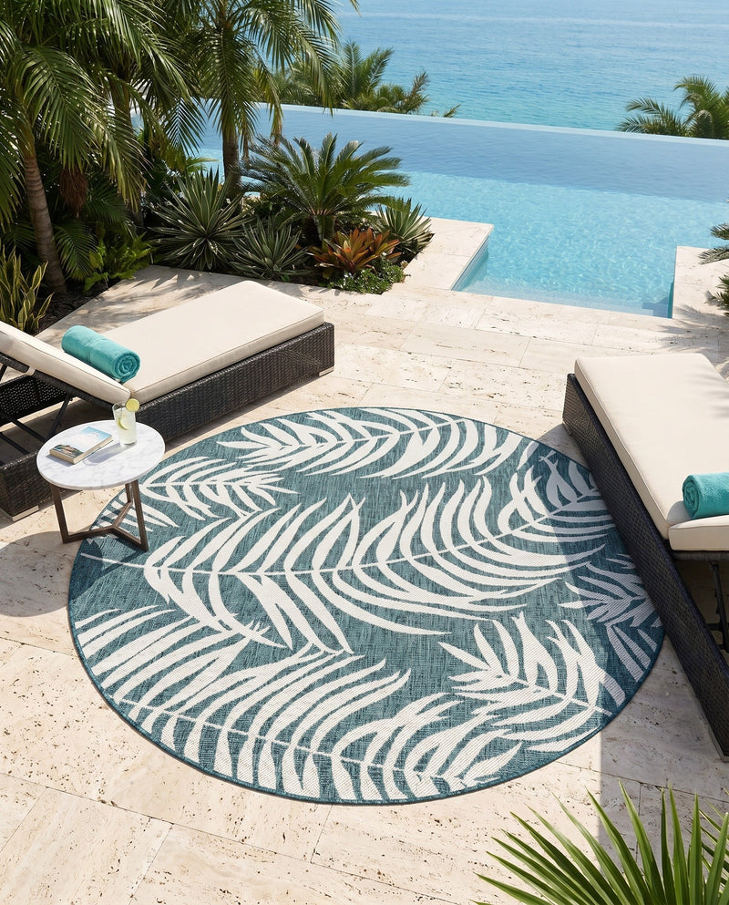 Seaside Blooms Collection Area Rug - Verdure (Teal) Round Teal  lifestyle 41