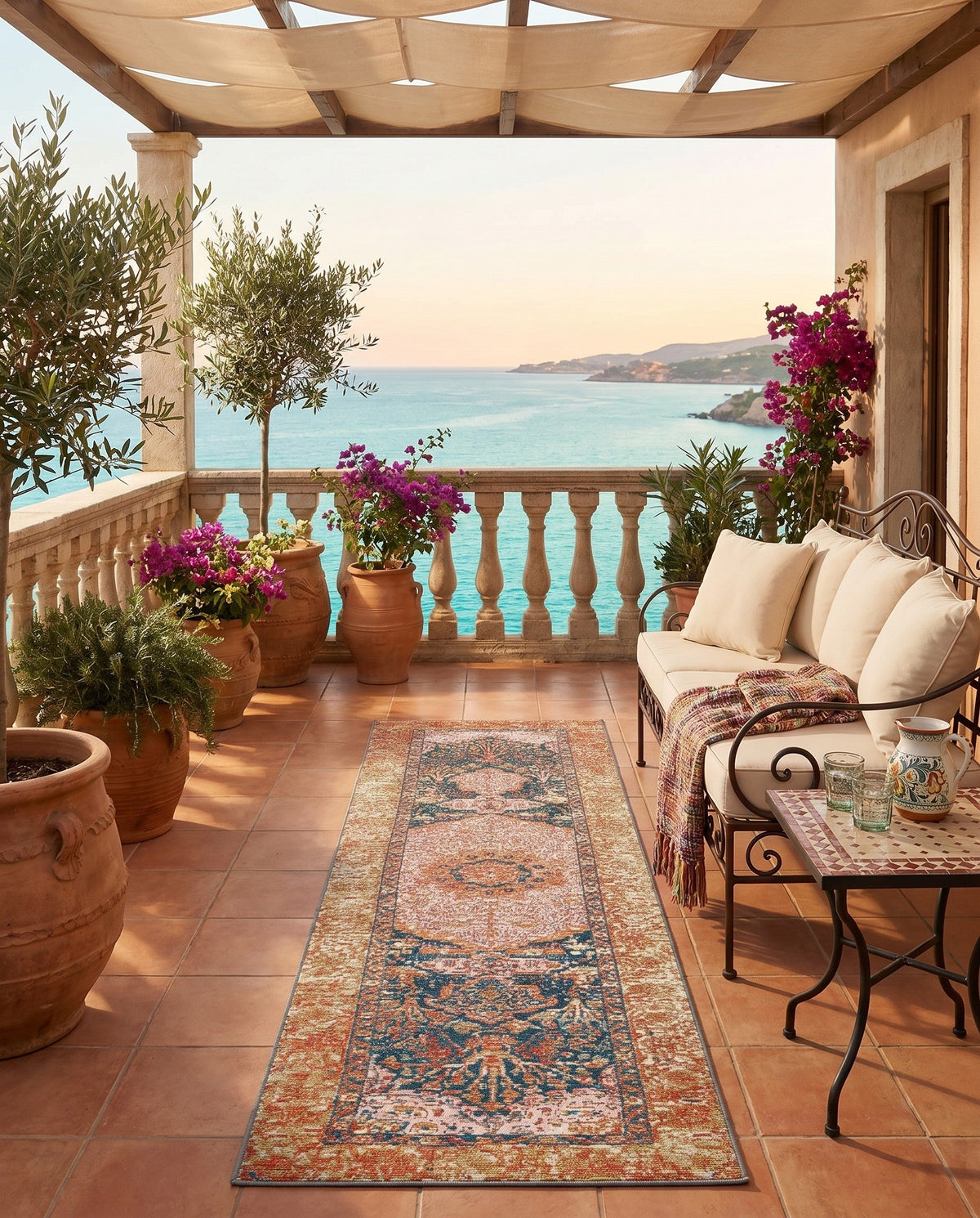 Patio Heritage Collection Area Rug -  Courtyard Runner Navy Blue and Light Pink  lifestyle 94