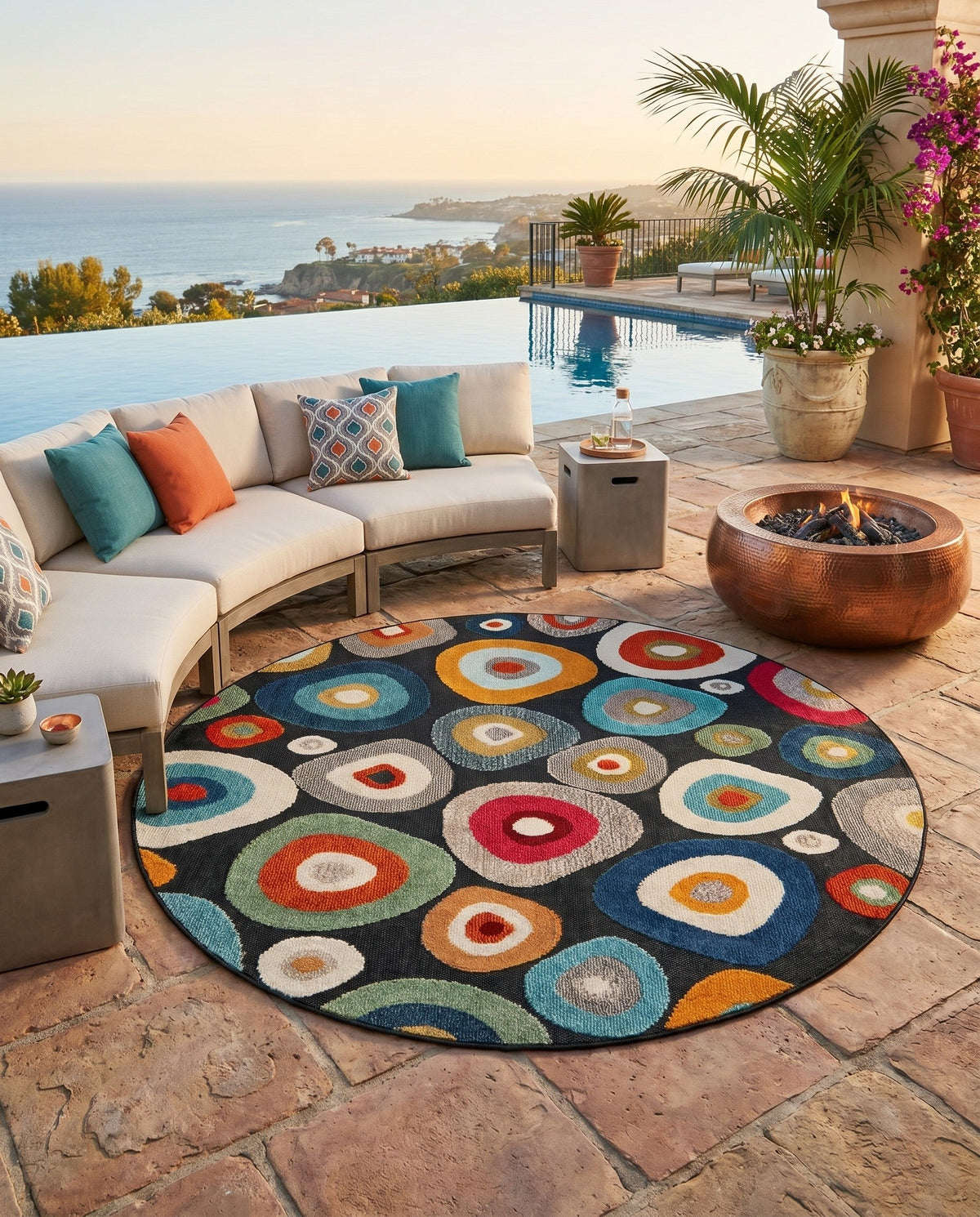Outdoor Marrakesh Collection Area Rug -  Chefchaouen Round Multi Black  lifestyle 172