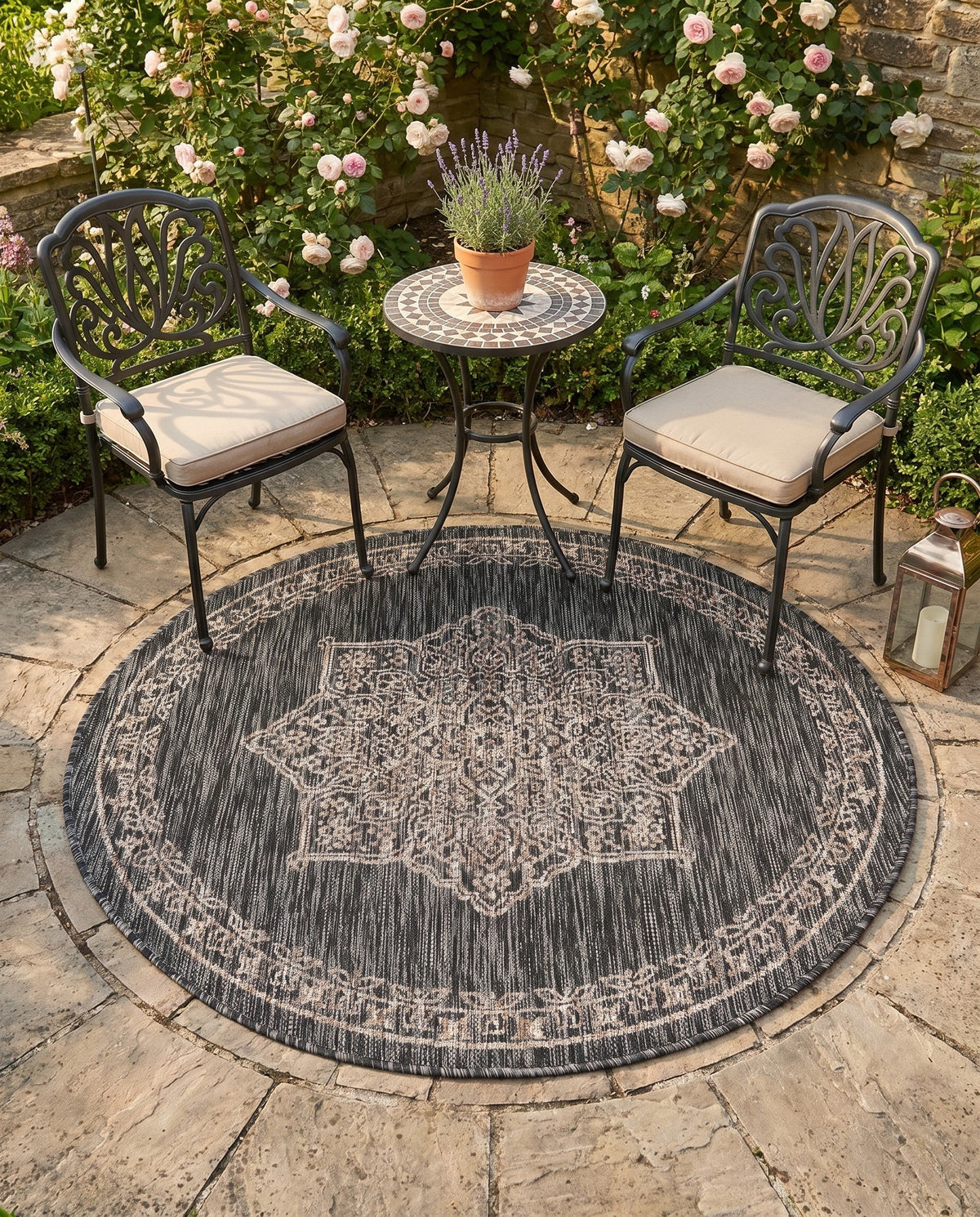 Patio Heritage Collection Area Rug -  Charleston (Charcoal Gray) Round Charcoal Gray  lifestyle 51