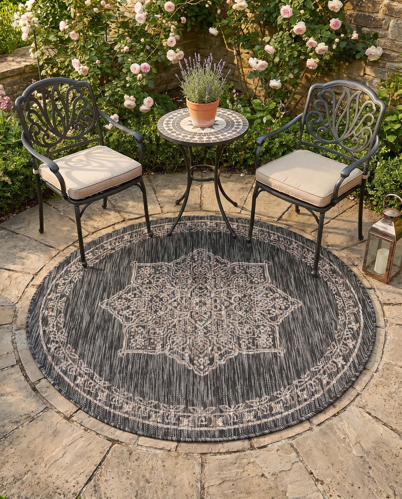 Patio Heritage Collection Area Rug -  Charleston (Charcoal Gray) Round Charcoal Gray  lifestyle 51