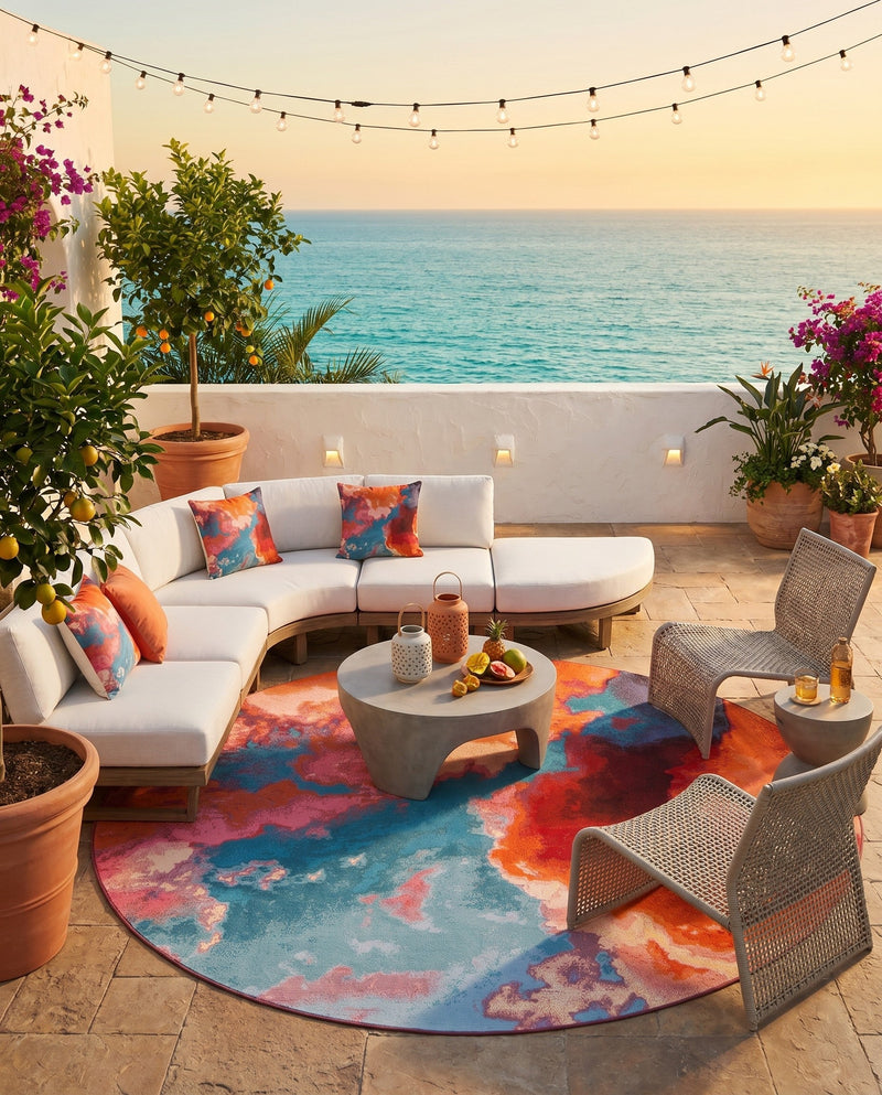 Urban Terrace Collection Area Rug -  Patio Round Gray and Pink  lifestyle 17