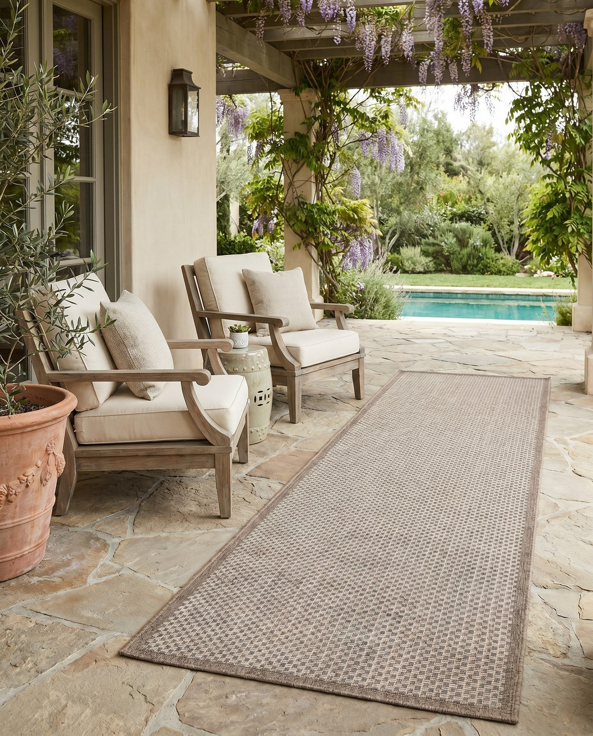 Terrace Fringe Collection Area Rug - Patio Runner Beige  lifestyle 123