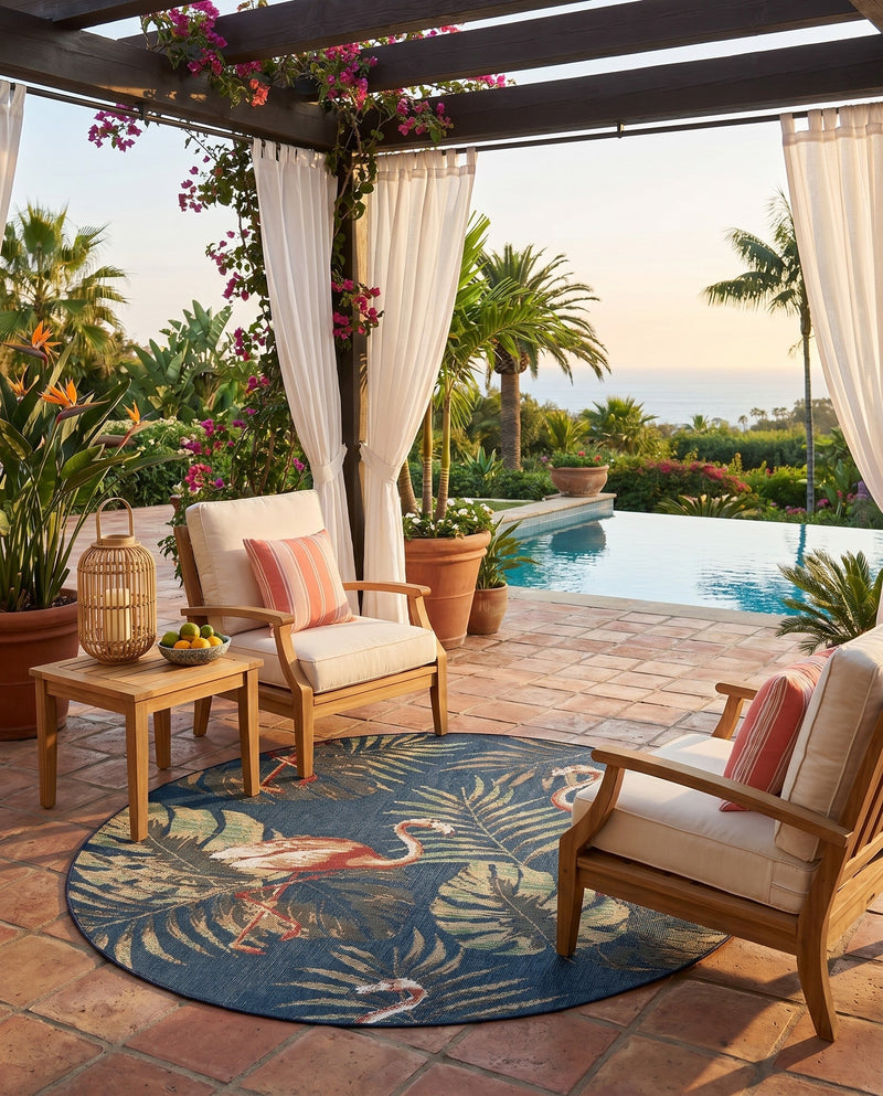 Coastal Terrace Collection Area Rug - Seabreeze Round Navy Blue  lifestyle 74