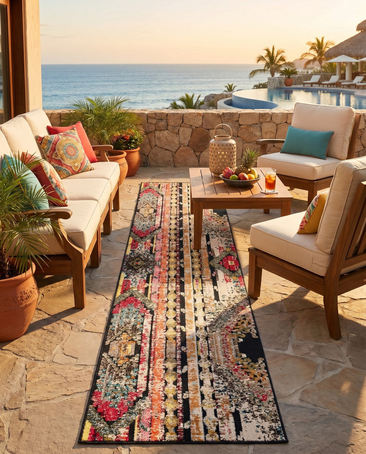 Outdoor Marrakesh Collection Area Rug -  Agadir Runner Multi Black  lifestyle 147