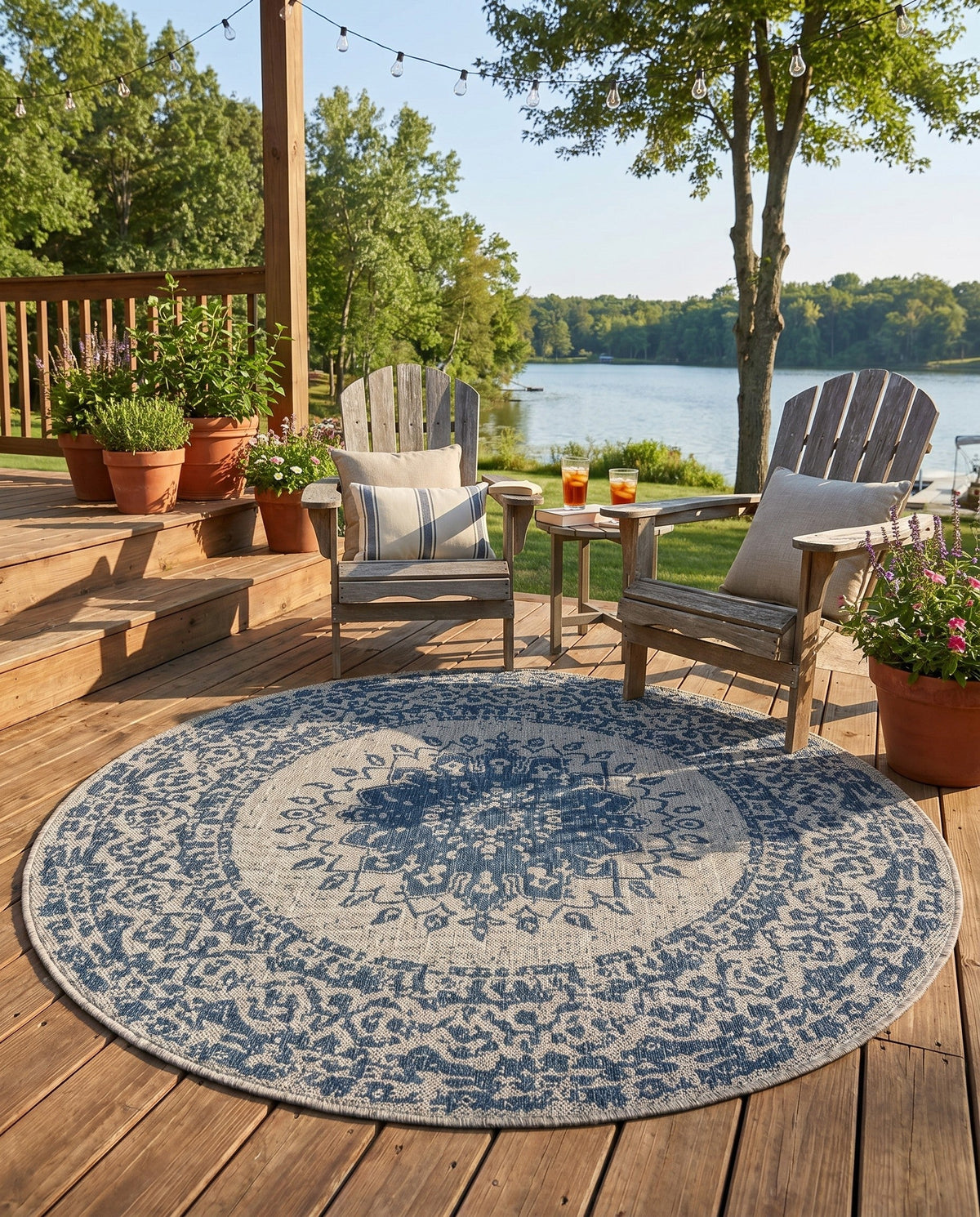 Patio Heritage Collection Area Rug -  Lafayette (Blue) Round Blue  lifestyle 86