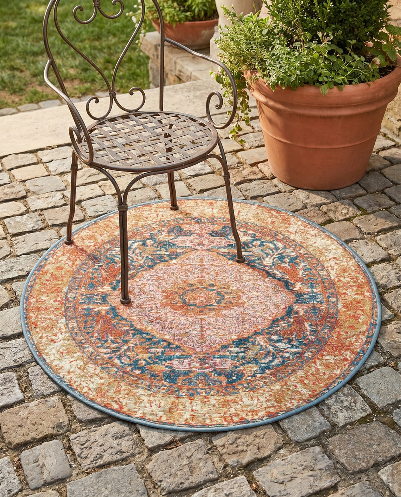Patio Heritage Collection Area Rug -  Courtyard Round Navy Blue and Light Pink  lifestyle 74