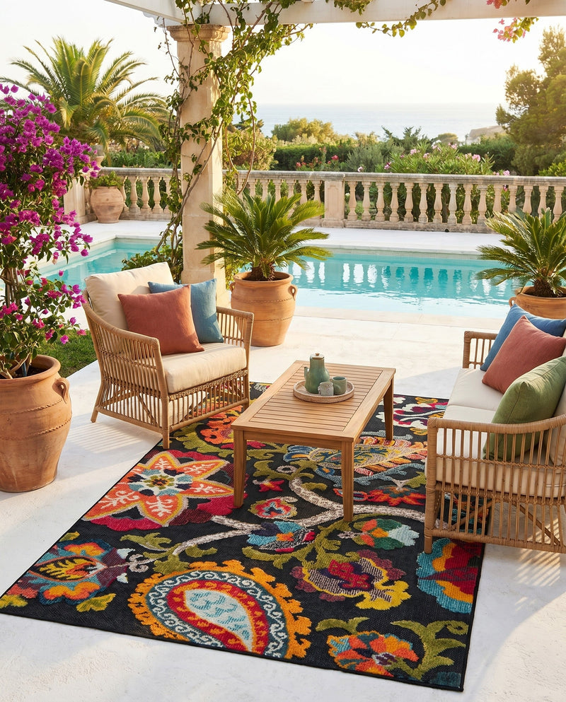 Outdoor Marrakesh Collection Area Rug - Fes Rectangle Multi Black  lifestyle 49