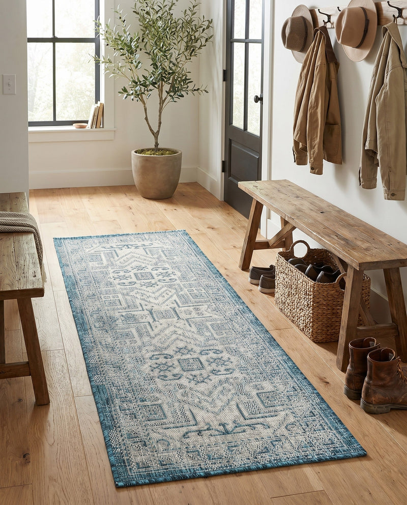 Tribal Terrace Treasures Collection Area Rug - Mayan Marina (Teal) Runner Teal  lifestyle 82
