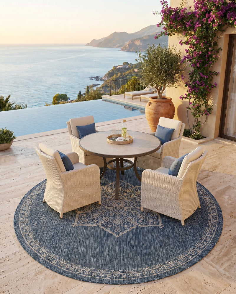 Patio Heritage Collection Area Rug -  Charleston (Blue) Round Blue  lifestyle 57