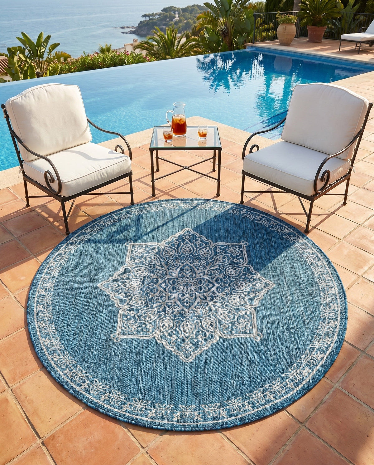Patio Heritage Collection Area Rug -  Charleston (Teal) Round Teal  lifestyle 77