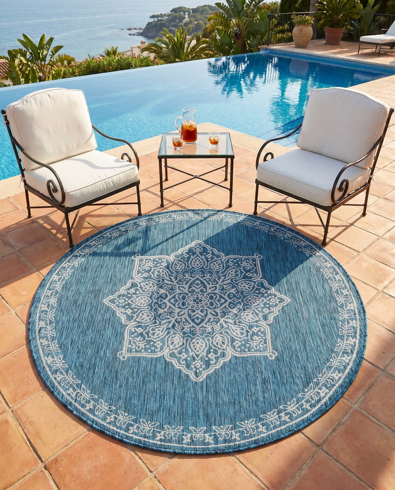Patio Heritage Collection Area Rug -  Charleston (Teal) Round Teal  lifestyle 77