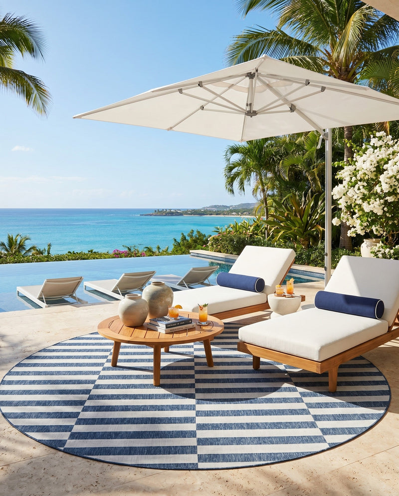 Seaside Stripes Collection Area Rug - Cabana (Blue) Round Blue  lifestyle 30